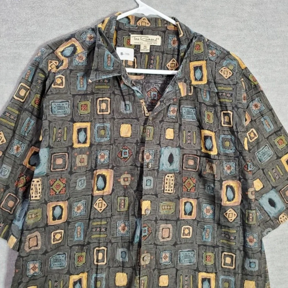 VINTAGE‎ Tori Richard Men Button Up Shirt XL Gray Geometric Made In Hawaii USA
